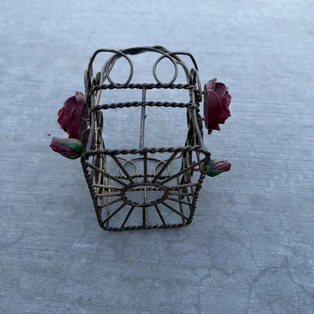Vintage Metal Wire Basket with Red Roses Floral Accent Trinket Holder